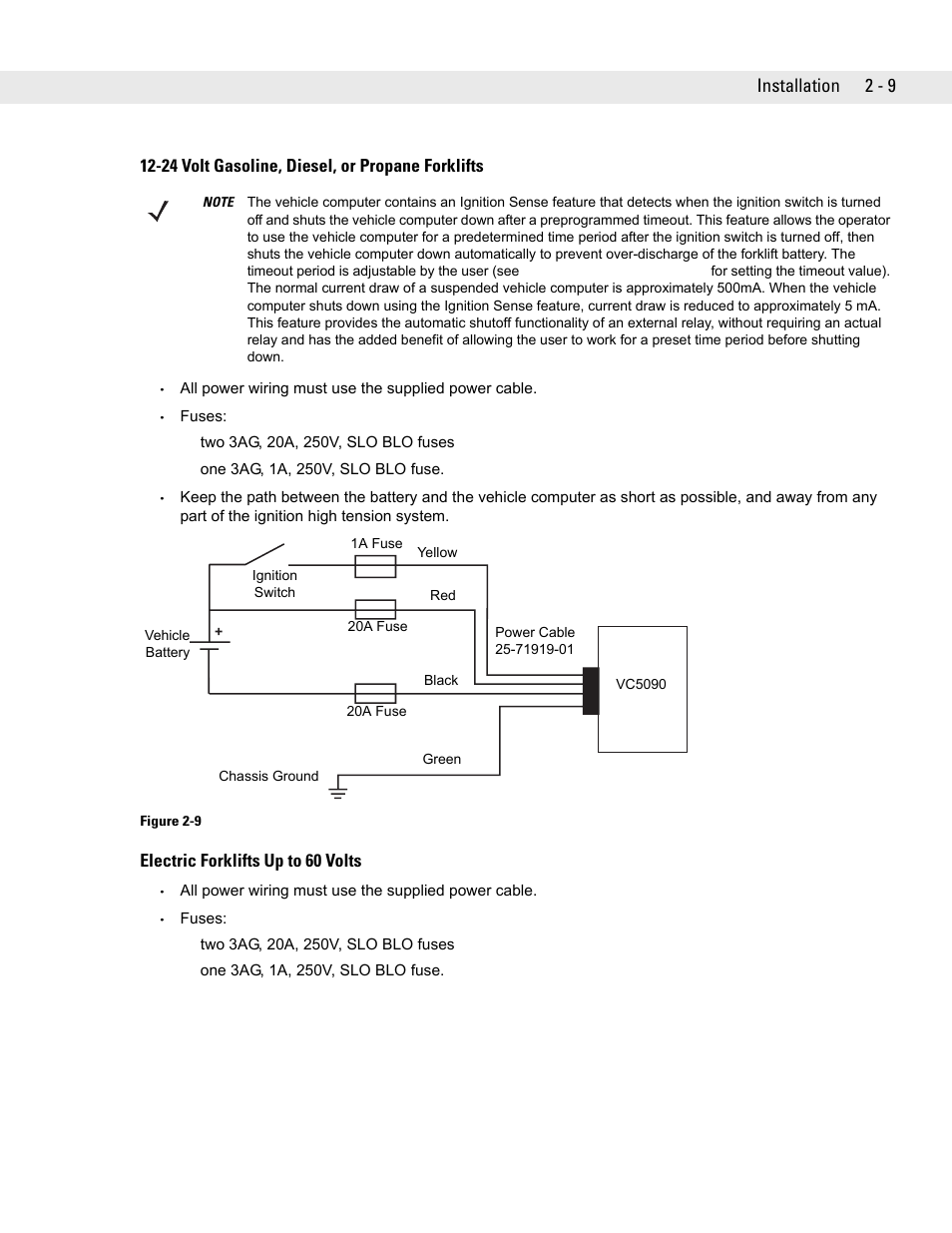 24 volt gasoline, diesel, or propane forklifts, Electric forklifts up to 60 volts, 24 volt gasoline, diesel, or propane forklifts -9 | Electric forklifts up to 60 volts -9, Installation 2 - 9 | Symbol Technologies VC5090 User Manual | Page 33 / 210