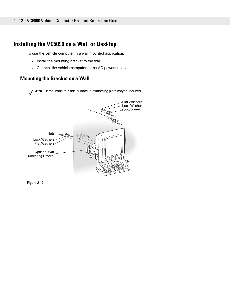 Mounting the bracket on a wall, Installing the vc5090 on a wall or desktop -12, Mounting the bracket on a wall -12 | Installing the vc5090 on a wall or desktop | Symbol Technologies VC5090 User Manual | Page 36 / 210