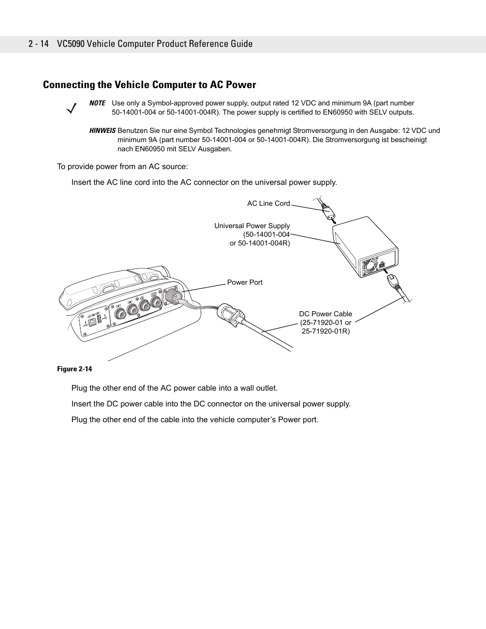 Connecting the vehicle computer to ac power -14, Connecting the vehicle computer to ac power | Symbol Technologies VC5090 User Manual | Page 38 / 210