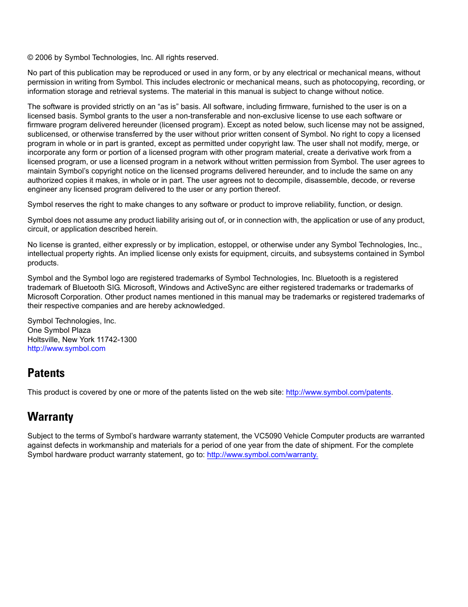 Patents, Warranty | Symbol Technologies VC5090 User Manual | Page 4 / 210