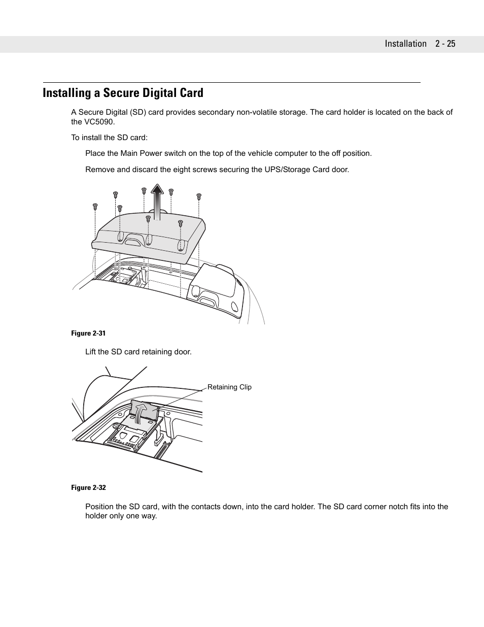 Installing a secure digital card -25, Installing a secure digital card | Symbol Technologies VC5090 User Manual | Page 49 / 210