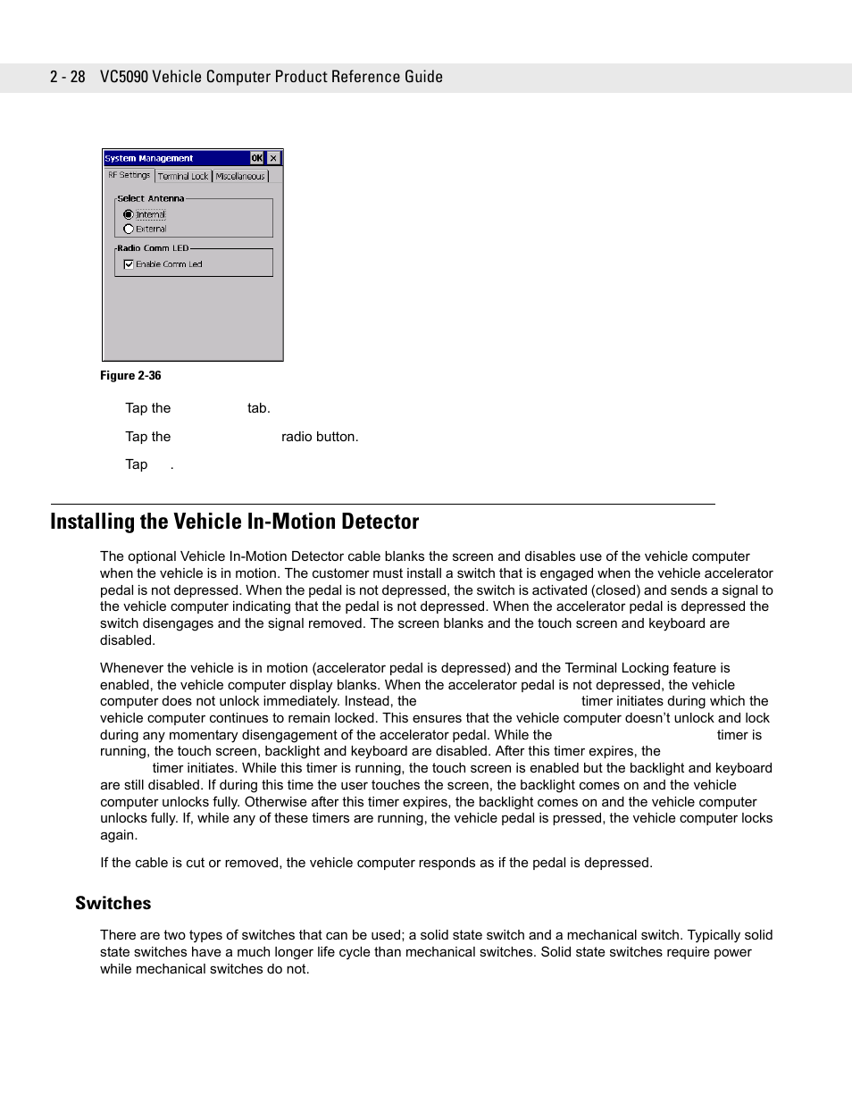 Installing the vehicle in-motion detector, Switches, Installing the vehicle in-motion detector -28 | Switches -28 | Symbol Technologies VC5090 User Manual | Page 52 / 210