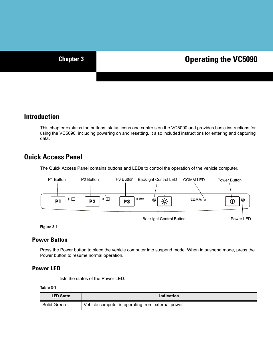 Operating the vc5090, Introduction, Quick access panel | Power button, Power led, Chapter 3: operating the vc5090, Introduction -1, Quick access panel -1, Power button -1, Power led -1 | Symbol Technologies VC5090 User Manual | Page 59 / 210