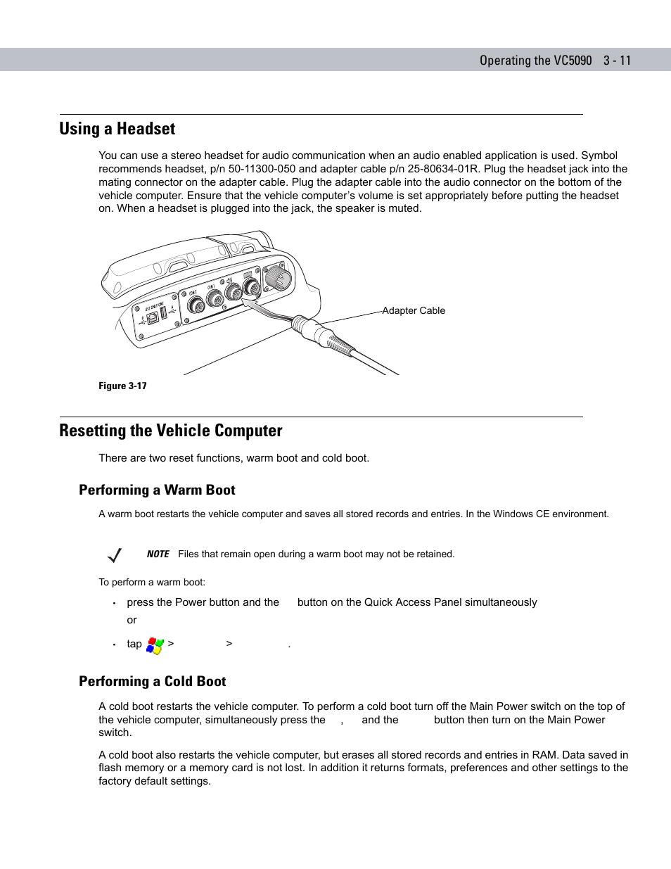 Resetting the vehicle computer, Performing a warm boot, Performing a cold boot | Using a headset -11, Resetting the vehicle computer -11, Performing a warm boot -11, Performing a cold boot -11, Using a headset | Symbol Technologies VC5090 User Manual | Page 69 / 210