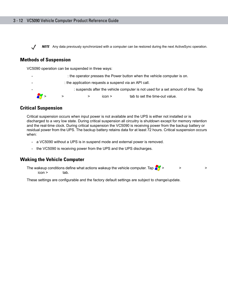 Methods of suspension, Critical suspension, Waking the vehicle computer | Methods of suspension -12, Critical suspension -12, Waking the vehicle computer -12 | Symbol Technologies VC5090 User Manual | Page 70 / 210