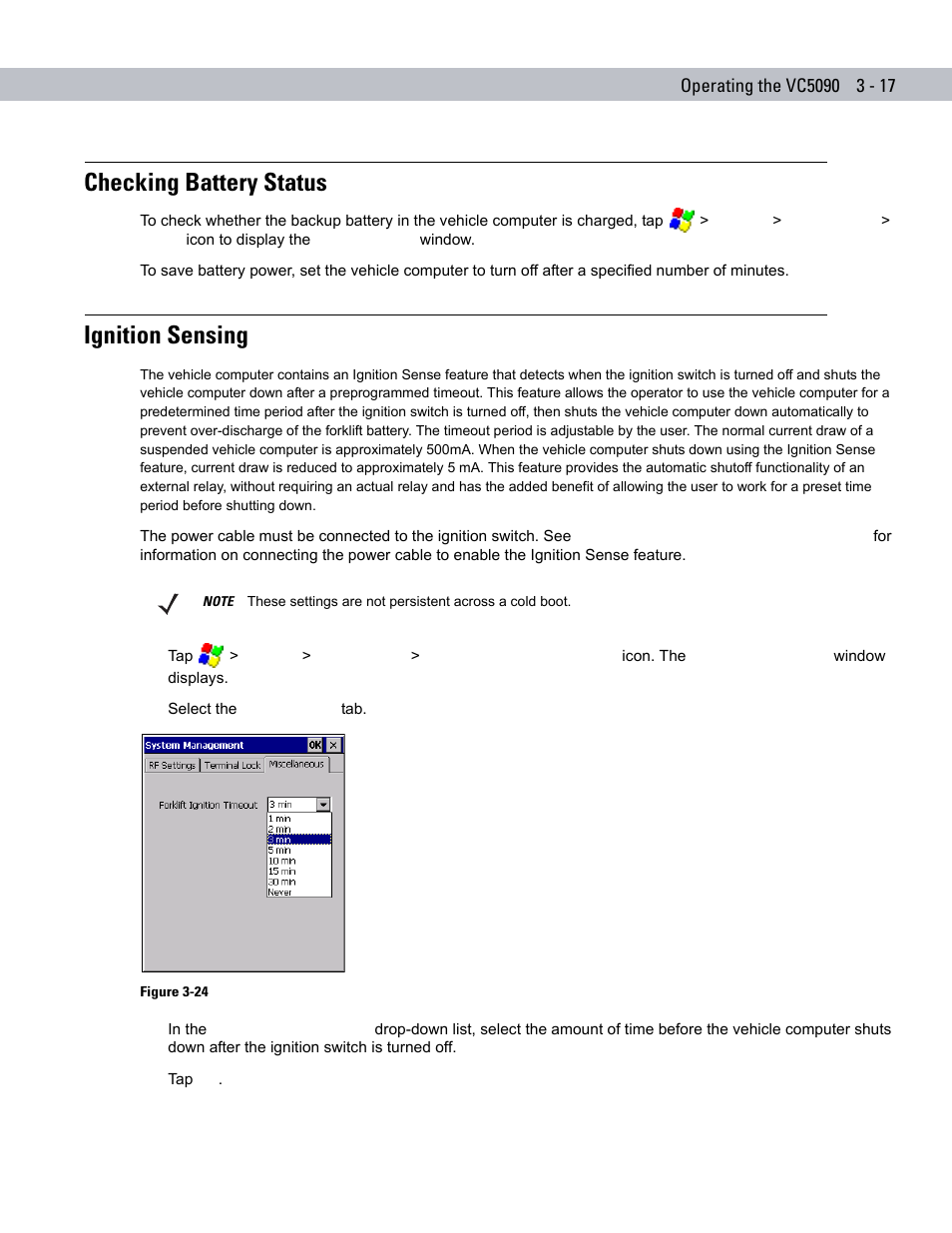 Ignition sensing, Checking battery status -17, Ignition sensing -17 | Checking battery status | Symbol Technologies VC5090 User Manual | Page 75 / 210