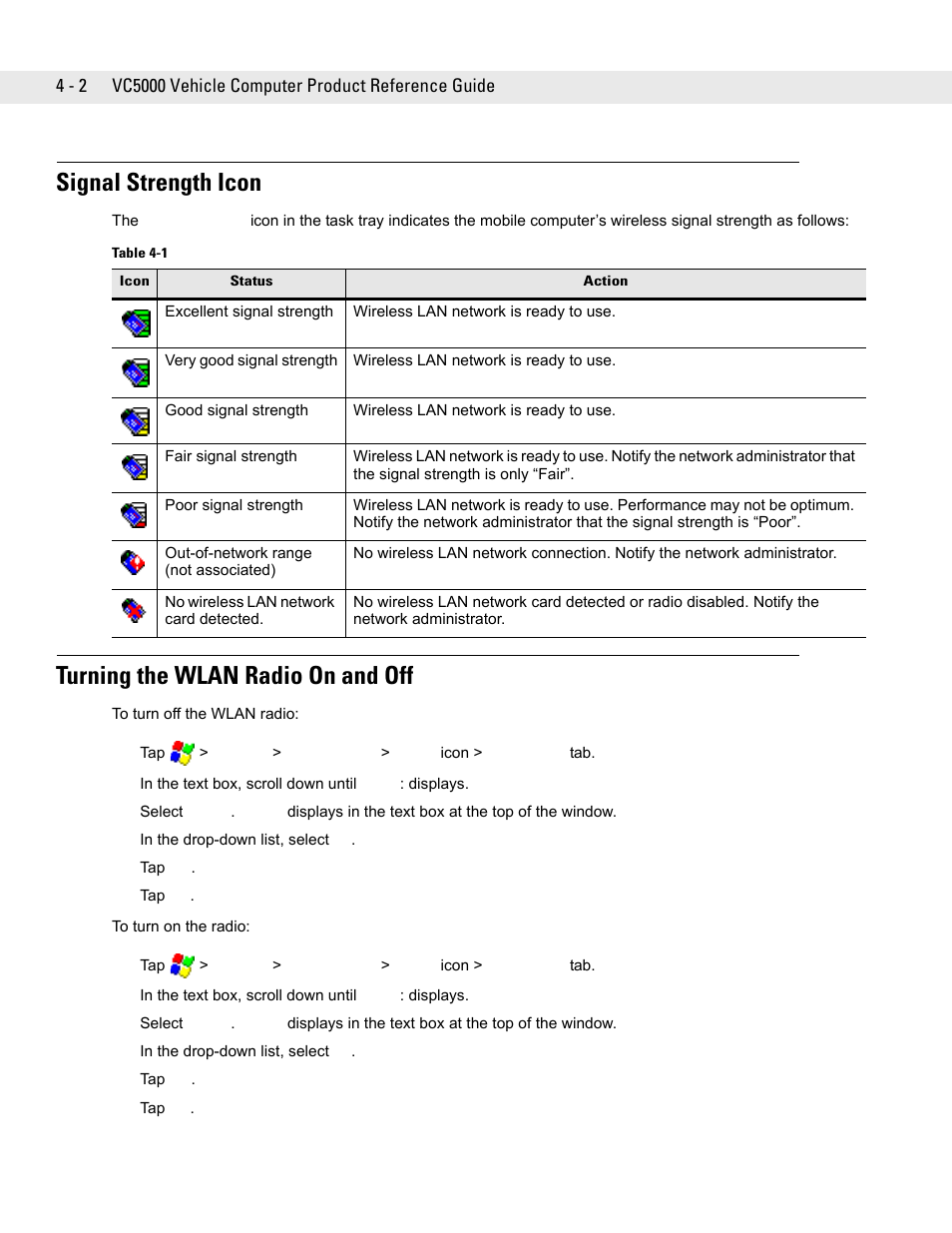 Signal strength icon, Turning the wlan radio on and off, Signal strength icon -2 | Turning the wlan radio on and off -2 | Symbol Technologies VC5090 User Manual | Page 78 / 210