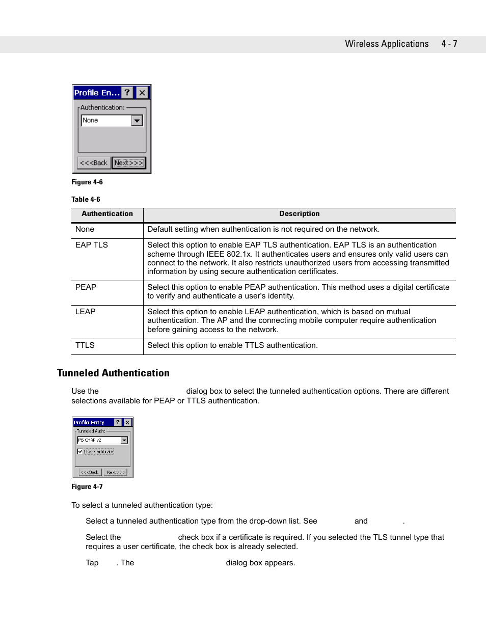 Tunneled authentication, Tunneled authentication -7, Table 4-6 | Symbol Technologies VC5090 User Manual | Page 83 / 210