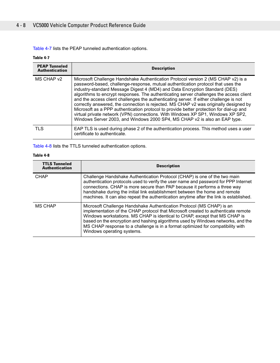Table 4-7, Table 4-8 | Symbol Technologies VC5090 User Manual | Page 84 / 210