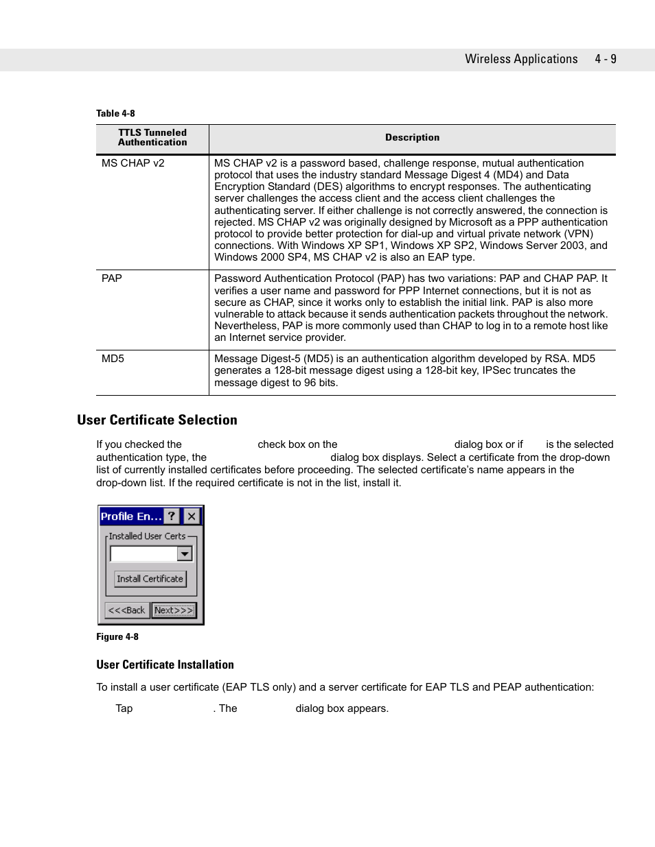 User certificate selection, User certificate installation, User certificate selection -9 | User certificate installation -9 | Symbol Technologies VC5090 User Manual | Page 85 / 210
