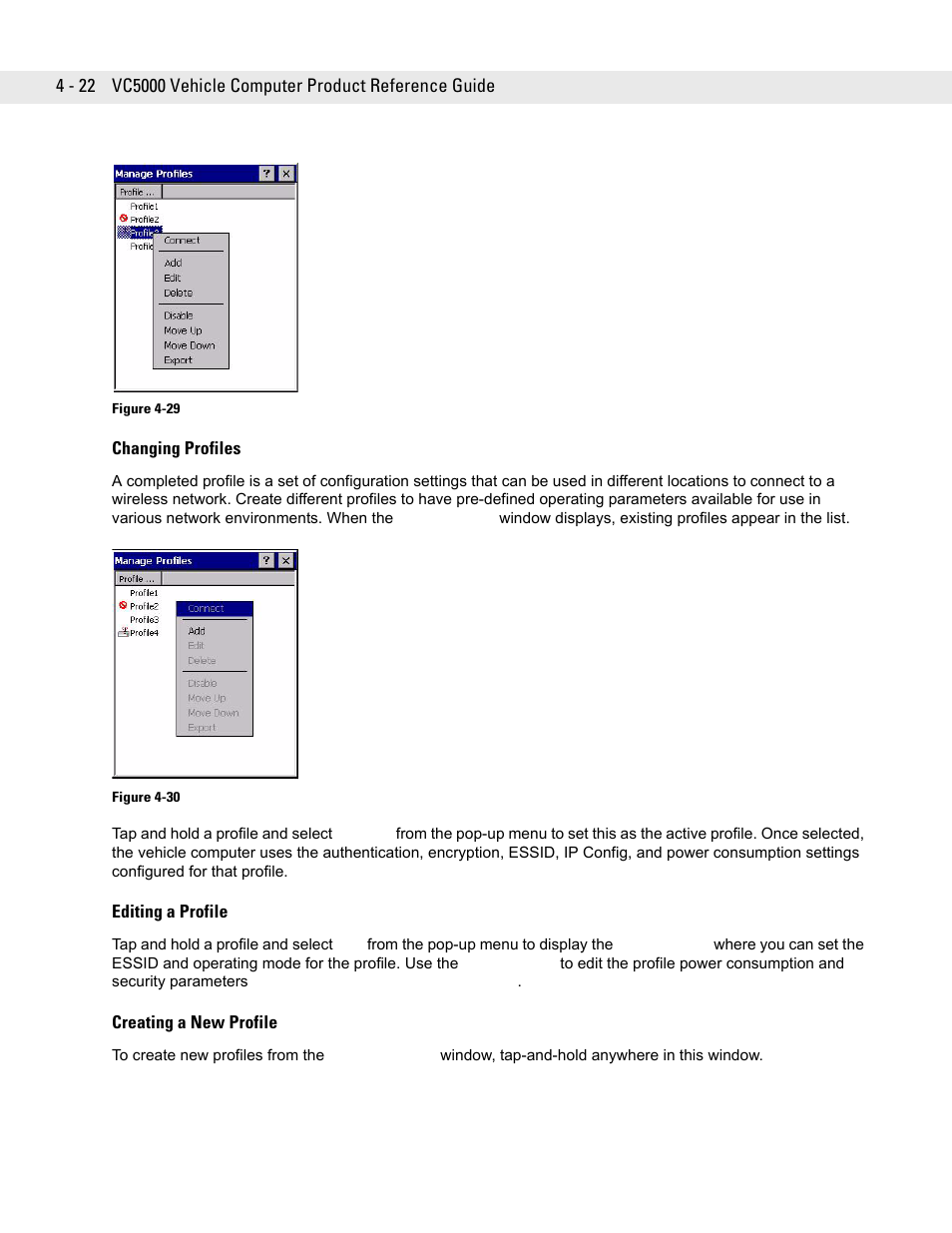 Changing profiles, Editing a profile, Creating a new profile | Changing profiles -22, Editing a profile -22, Creating a new profile -22 | Symbol Technologies VC5090 User Manual | Page 98 / 210