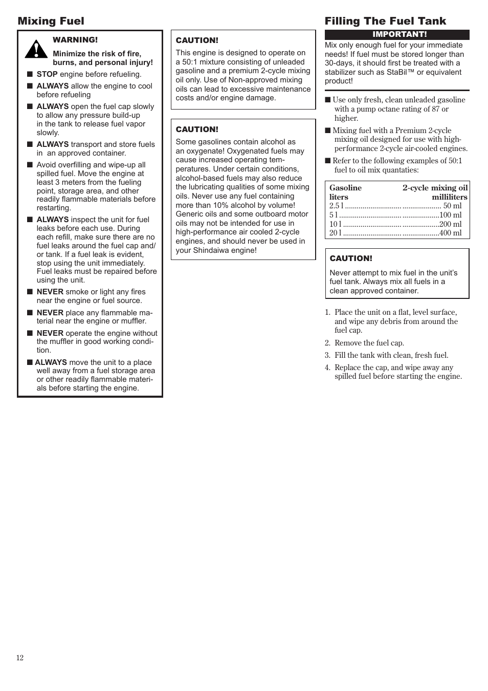 Mixing fuel filling the fuel tank | Symbol Technologies T350 User Manual | Page 12 / 24