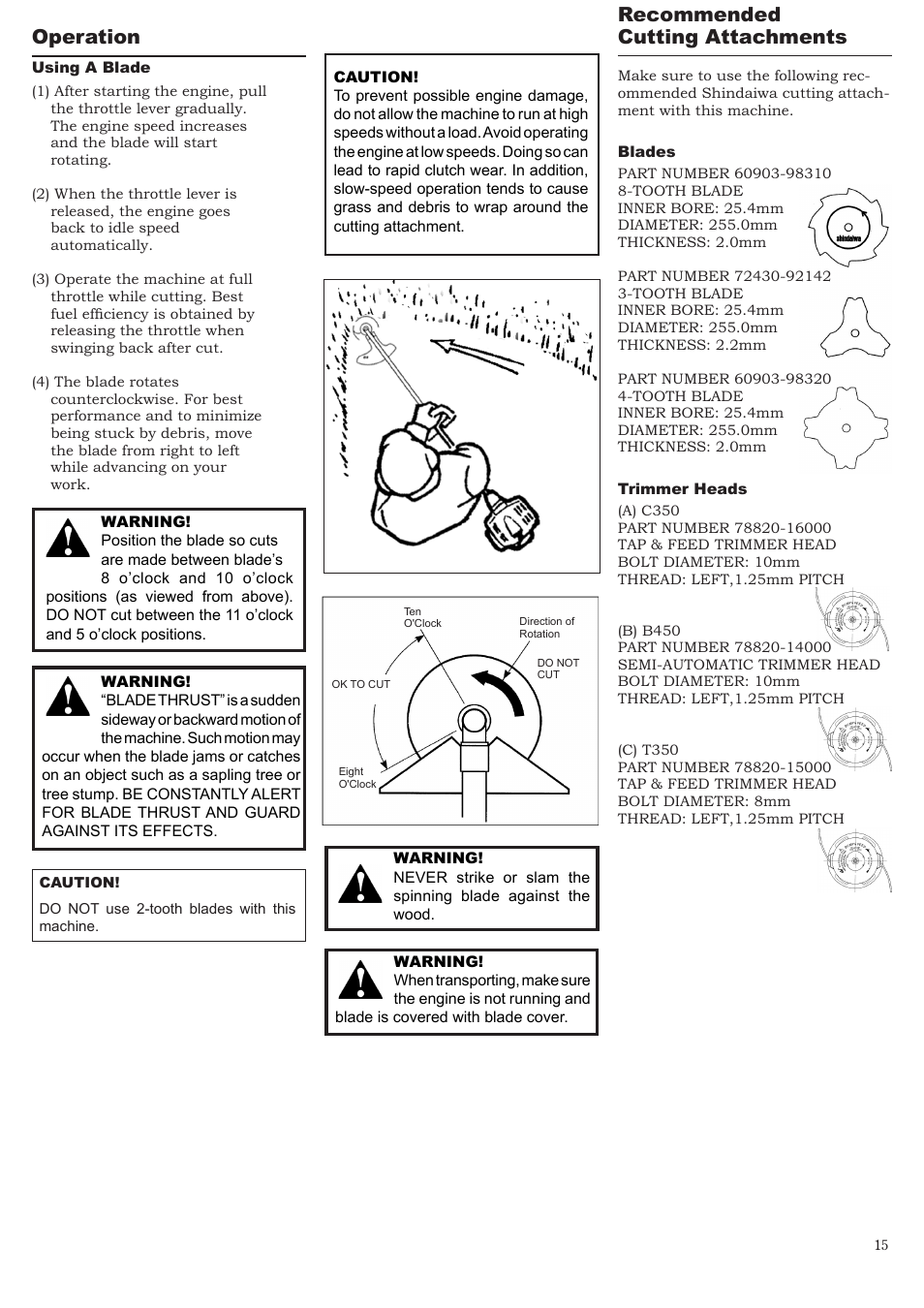 Operation, Recommended cutting attachments | Symbol Technologies T350 User Manual | Page 15 / 24