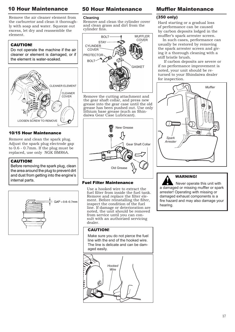 10 hour maintenance, 50 hour maintenance, Muffler maintenance | Symbol Technologies T350 User Manual | Page 17 / 24