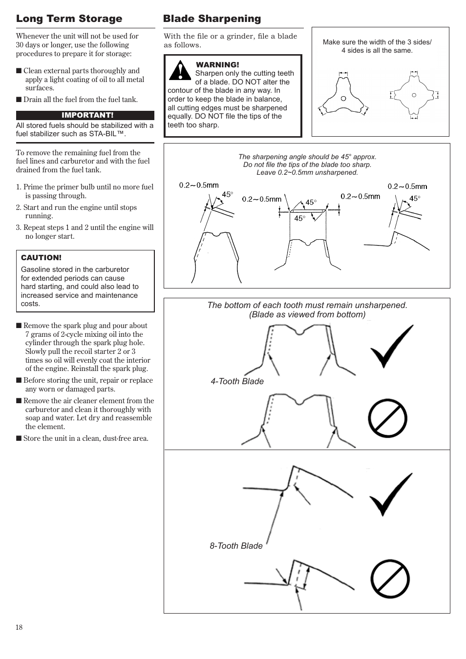 Long term storage, Blade sharpening | Symbol Technologies T350 User Manual | Page 18 / 24