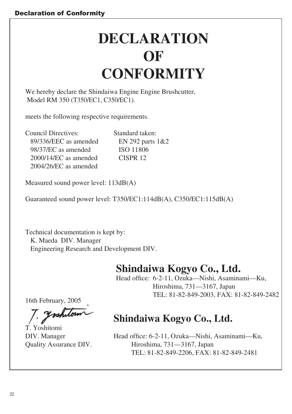 Declaration of conformity, Shindaiwa kogyo co., ltd | Symbol Technologies T350 User Manual | Page 22 / 24