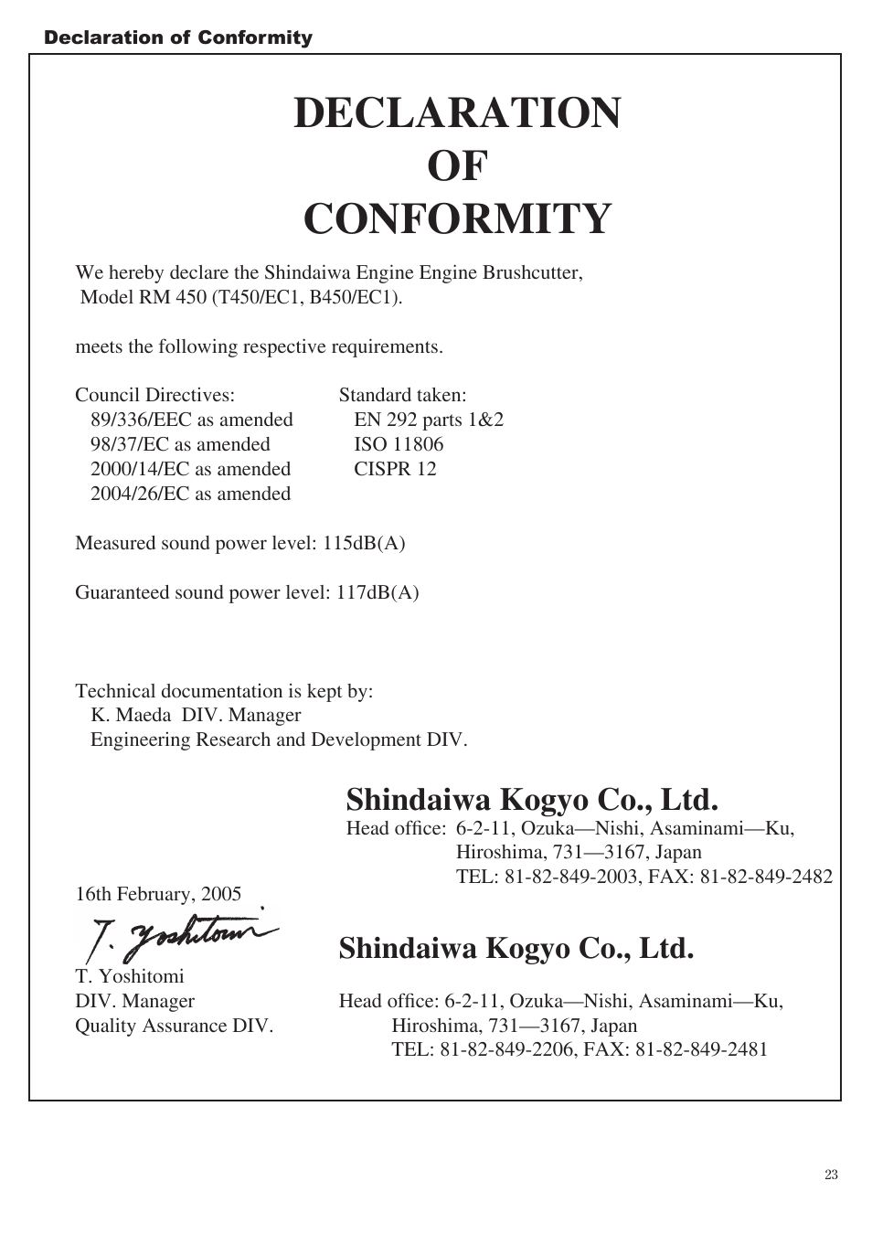 Declaration of conformity, Shindaiwa kogyo co., ltd | Symbol Technologies T350 User Manual | Page 23 / 24