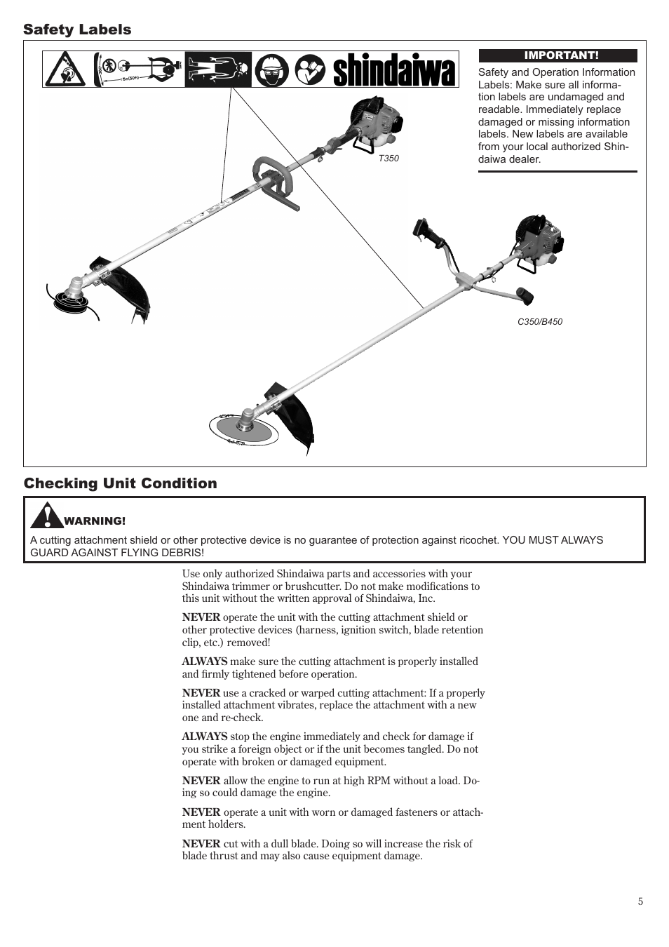Safety labels, Checking unit condition | Symbol Technologies T350 User Manual | Page 5 / 24
