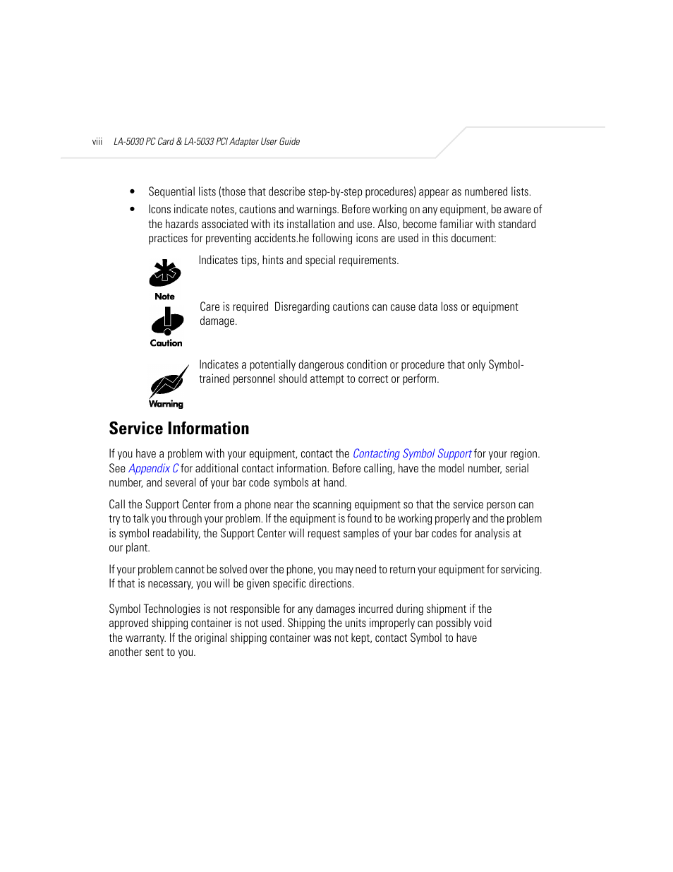 Service information | Symbol Technologies LA-5030 User Manual | Page 10 / 106