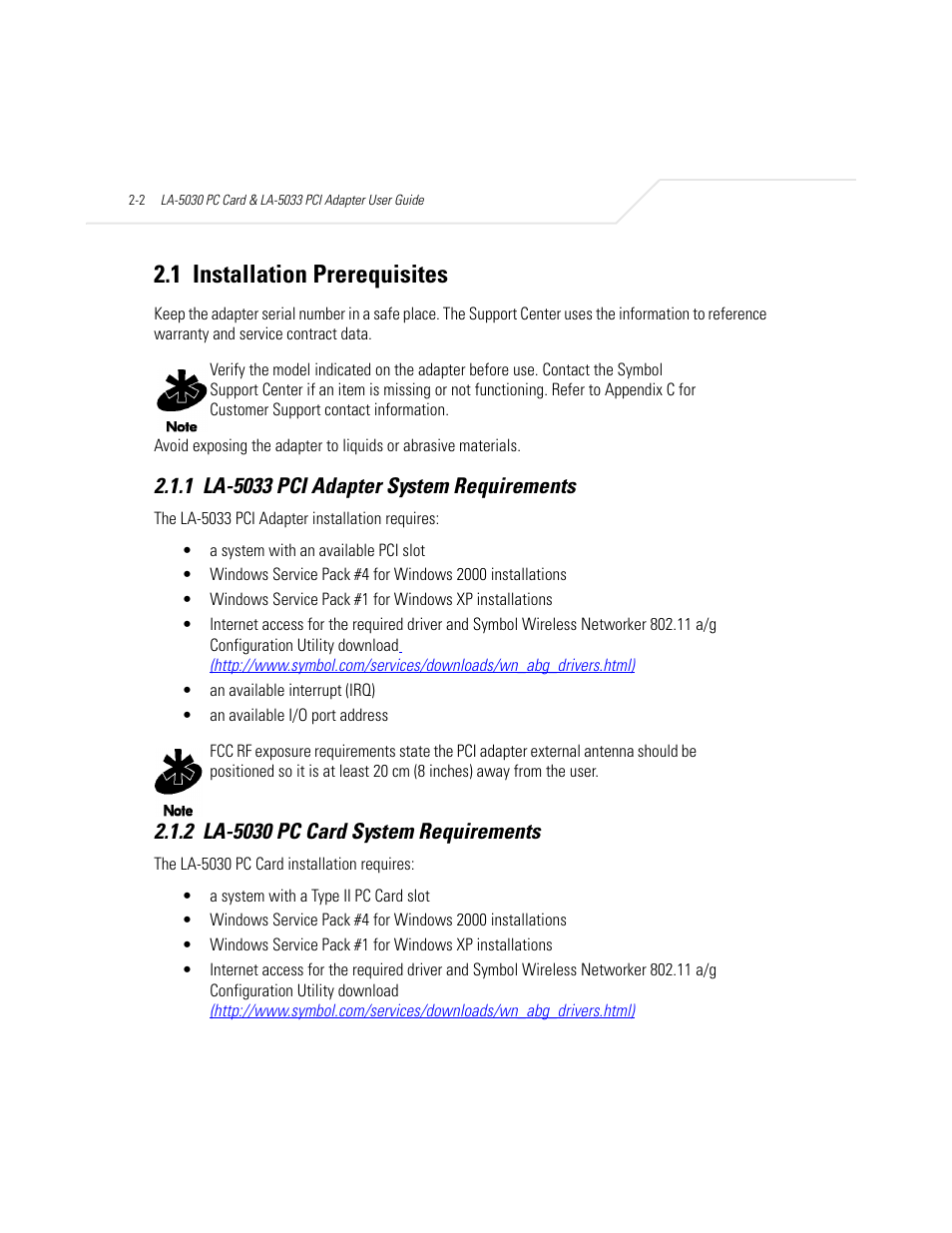 1 installation prerequisites, 1 la-5033 pci adapter system requirements, 2 la-5030 pc card system requirements | Installation prerequisites -2 | Symbol Technologies LA-5030 User Manual | Page 18 / 106