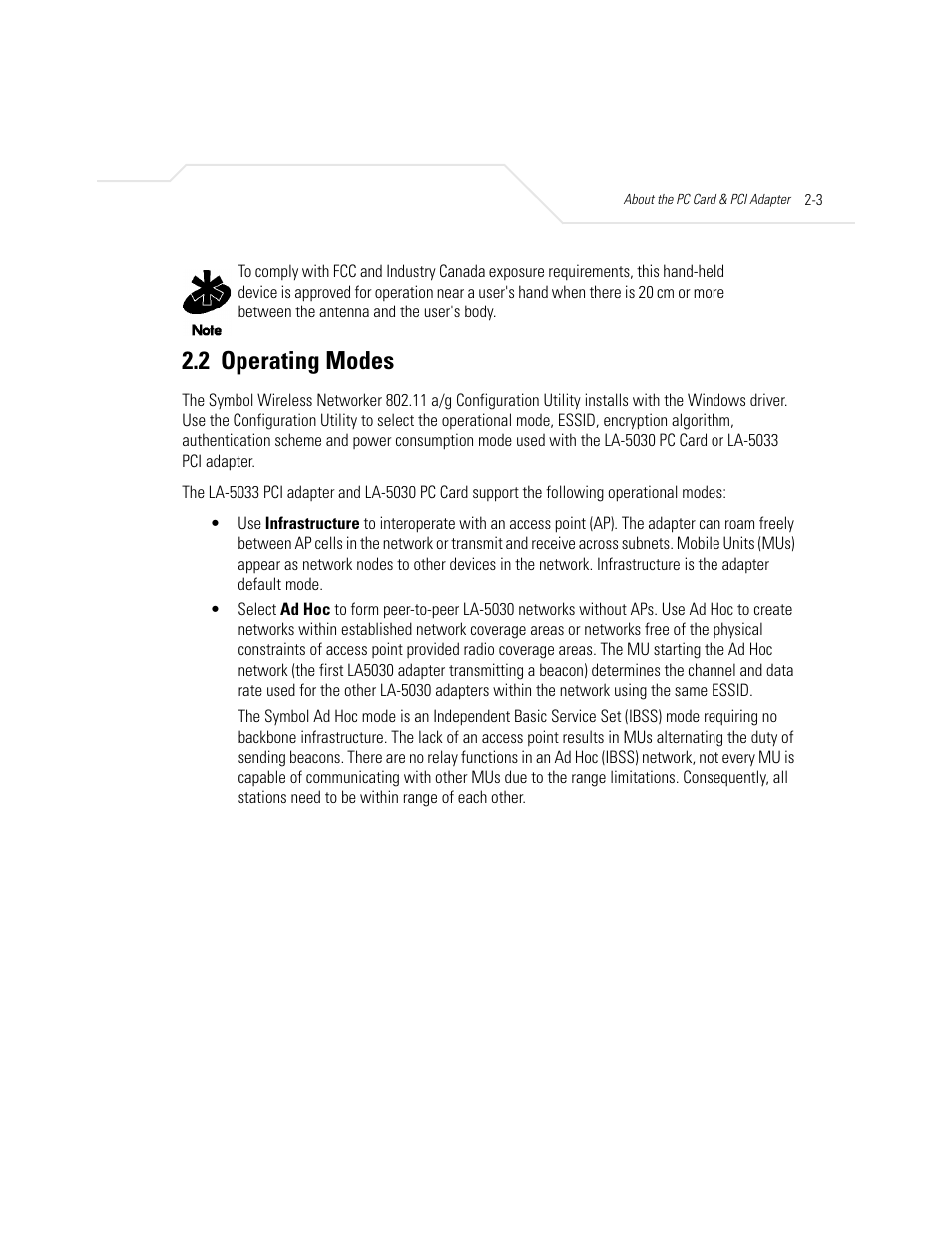 2 operating modes, Operating modes -3 | Symbol Technologies LA-5030 User Manual | Page 19 / 106