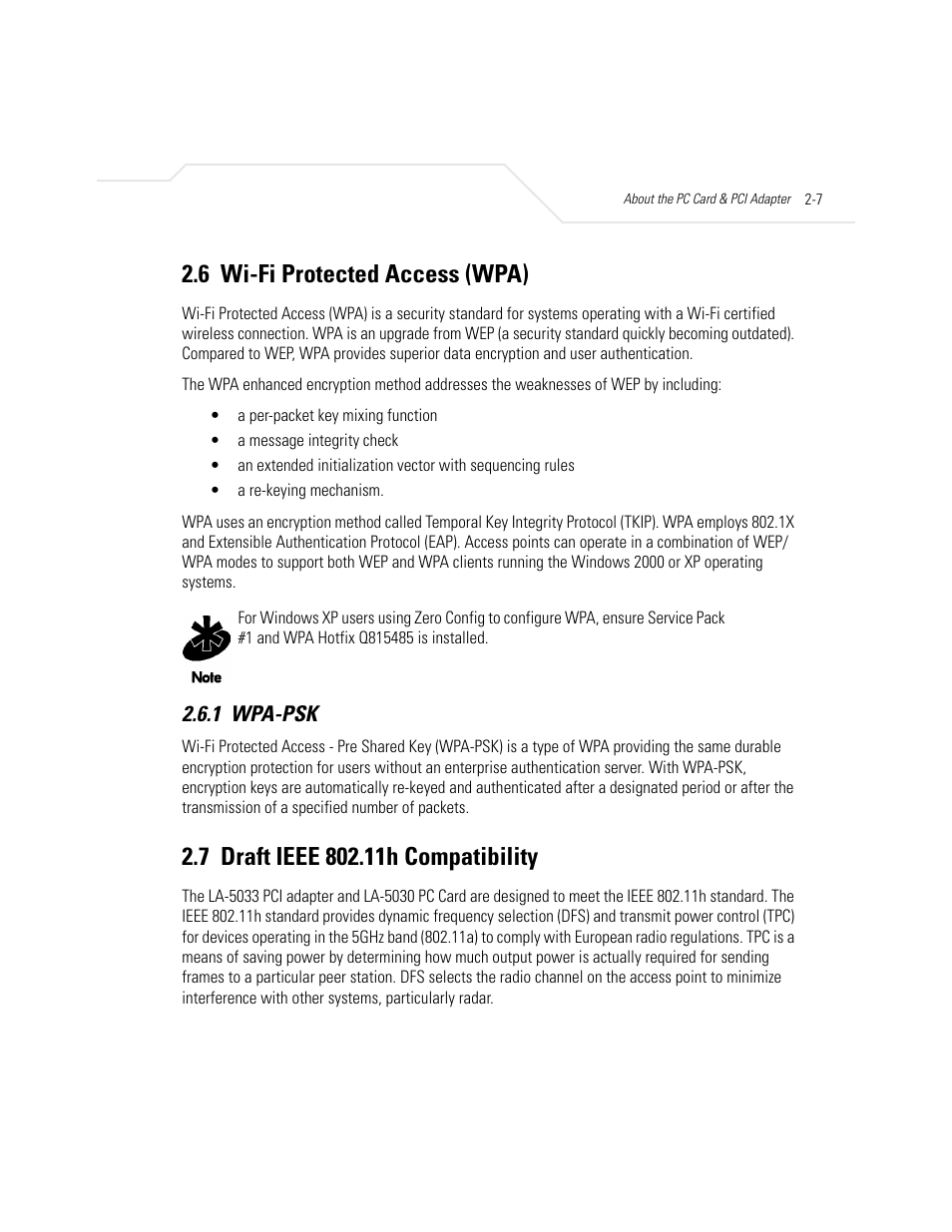 6 wi-fi protected access (wpa), 1 wpa-psk, 7 draft ieee 802.11h compatibility | Wi-fi protected access (wpa) -7, Wpa-psk -7, Draft ieee 802.11h compatibility -7 | Symbol Technologies LA-5030 User Manual | Page 23 / 106