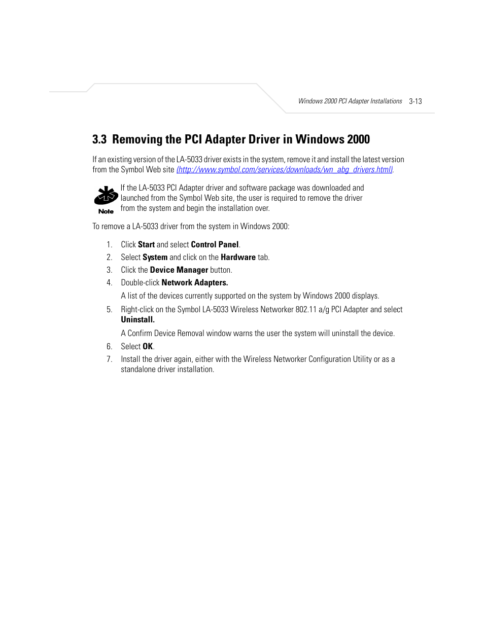 3 removing the pci adapter driver in windows 2000 | Symbol Technologies LA-5030 User Manual | Page 37 / 106