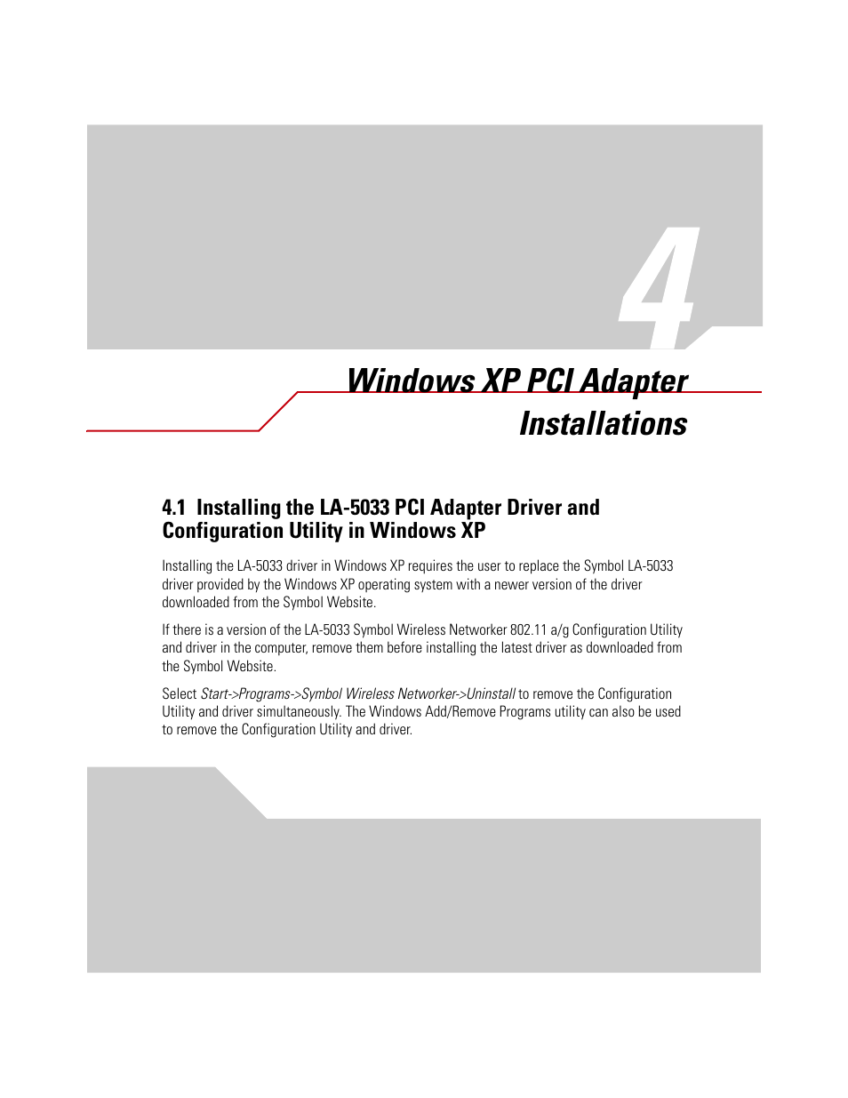 Windows xp pci adapter installations, Chapter 4. windows xp pci adapter installations | Symbol Technologies LA-5030 User Manual | Page 39 / 106