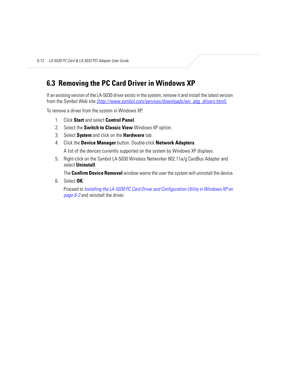 3 removing the pc card driver in windows xp, Removing the pc card driver in windows xp -12 | Symbol Technologies LA-5030 User Manual | Page 76 / 106