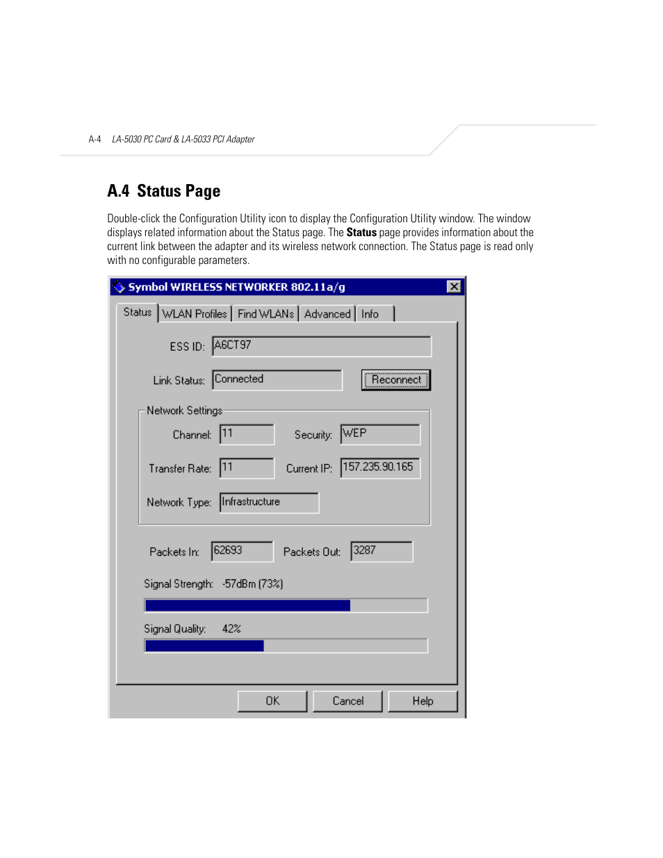 A.4 status page | Symbol Technologies LA-5030 User Manual | Page 80 / 106