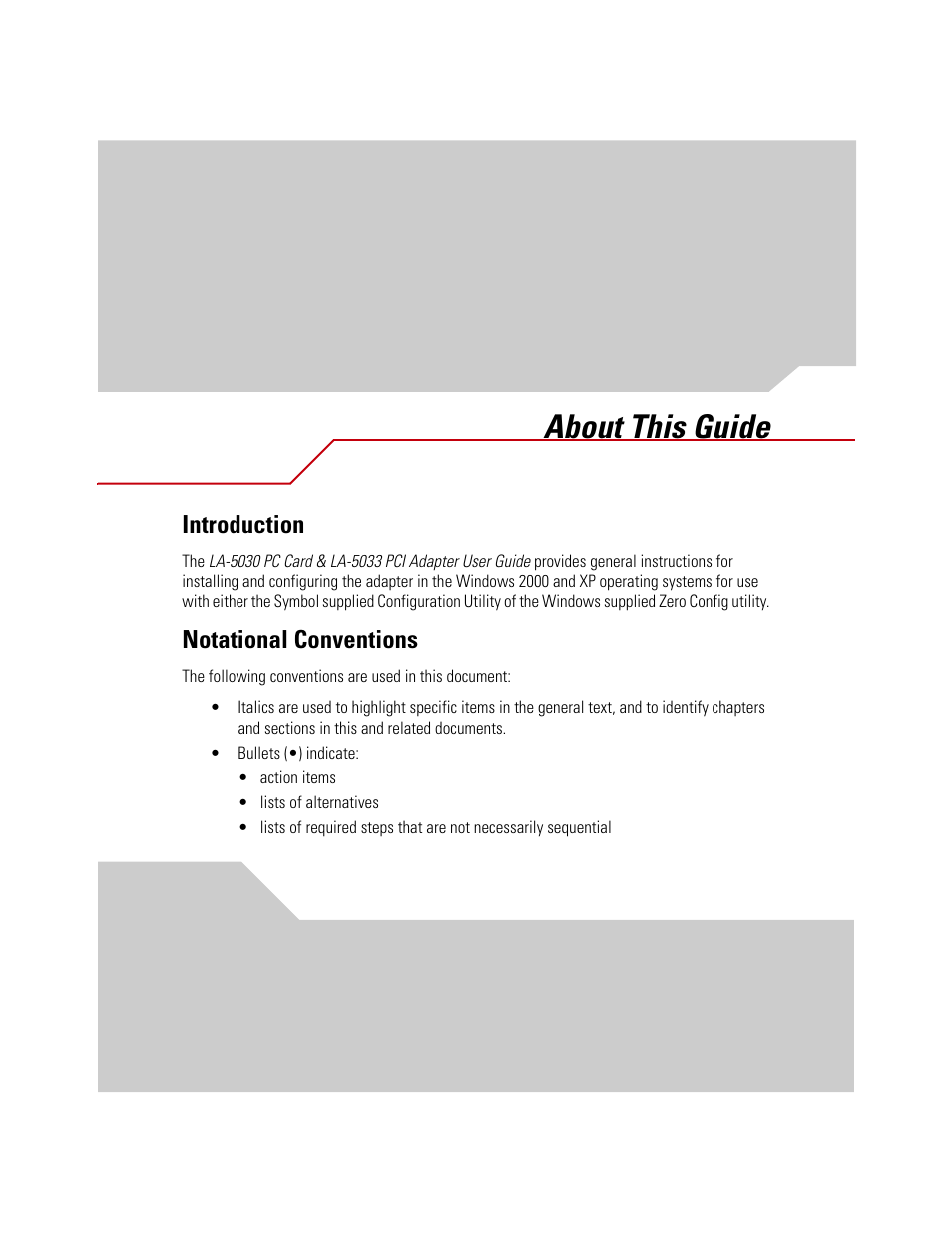 About this guide, Introduction, Notational conventions | Symbol Technologies LA-5030 User Manual | Page 9 / 106