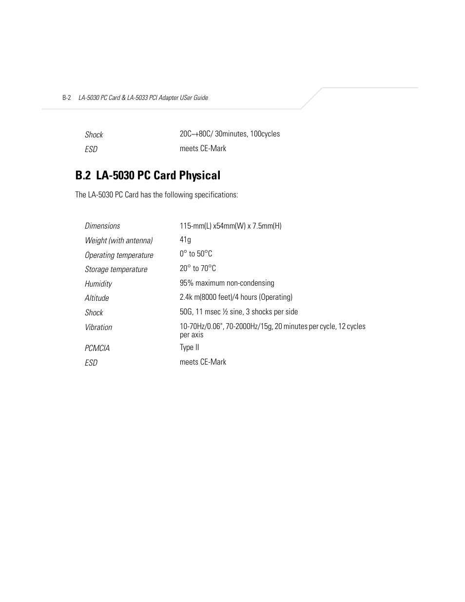 B.2 la-5030 pc card physical | Symbol Technologies LA-5030 User Manual | Page 96 / 106