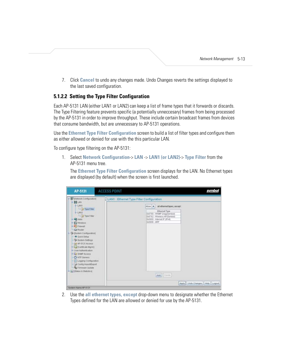 2 setting the type filter configuration, Setting the type filter configuration -13 | Symbol Technologies AP-5131 User Manual | Page 137 / 578
