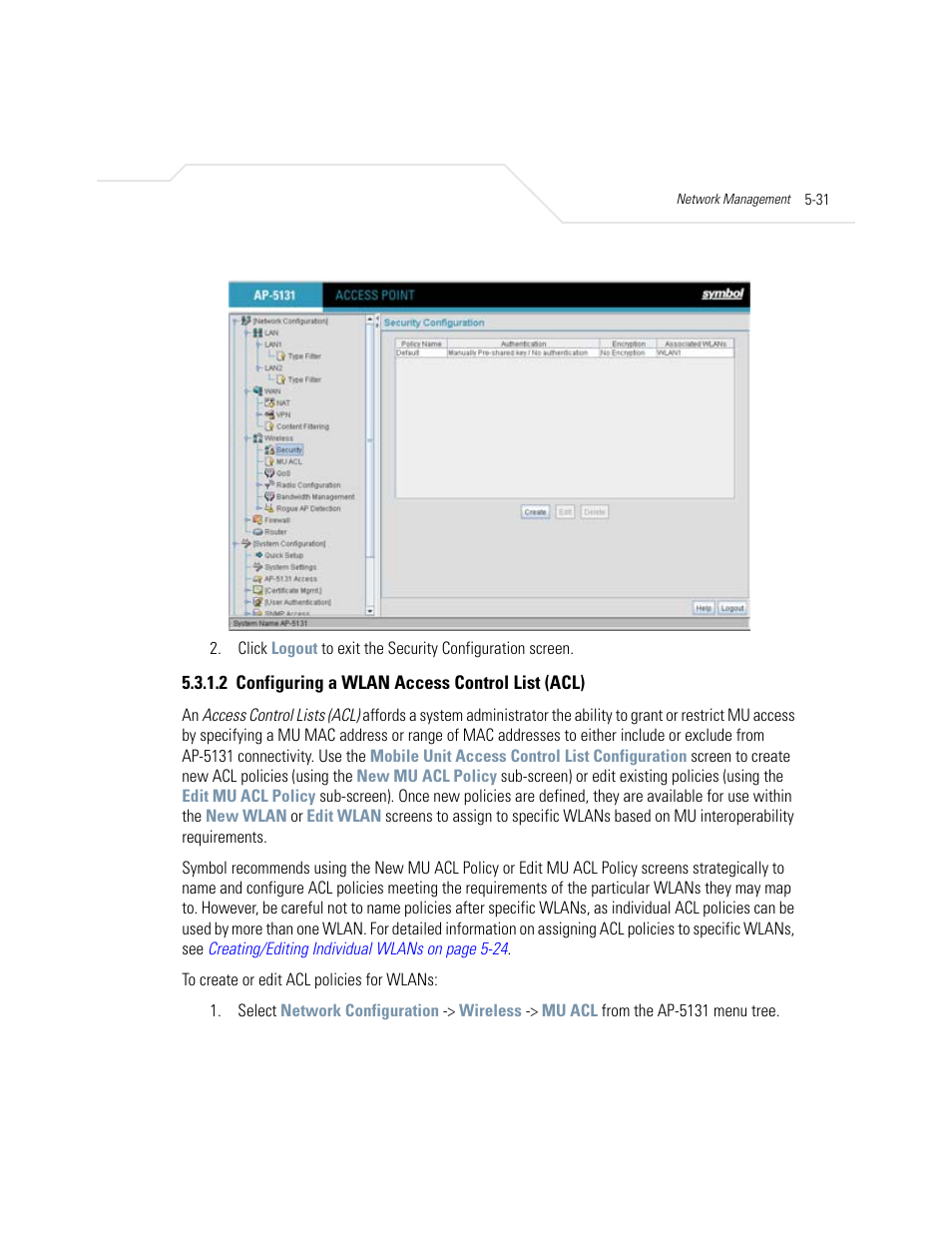 2 configuring a wlan access control list (acl), Configuring a wlan access control list (acl) -31 | Symbol Technologies AP-5131 User Manual | Page 155 / 578