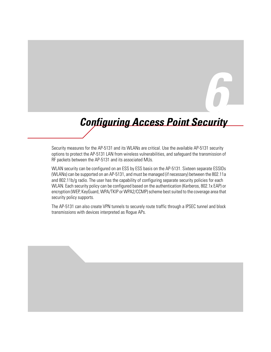 Configuring access point security, Chapter 6. configuring access point security, Chapter 6, configuring access point security | Chapter 6, configuring | Symbol Technologies AP-5131 User Manual | Page 187 / 578