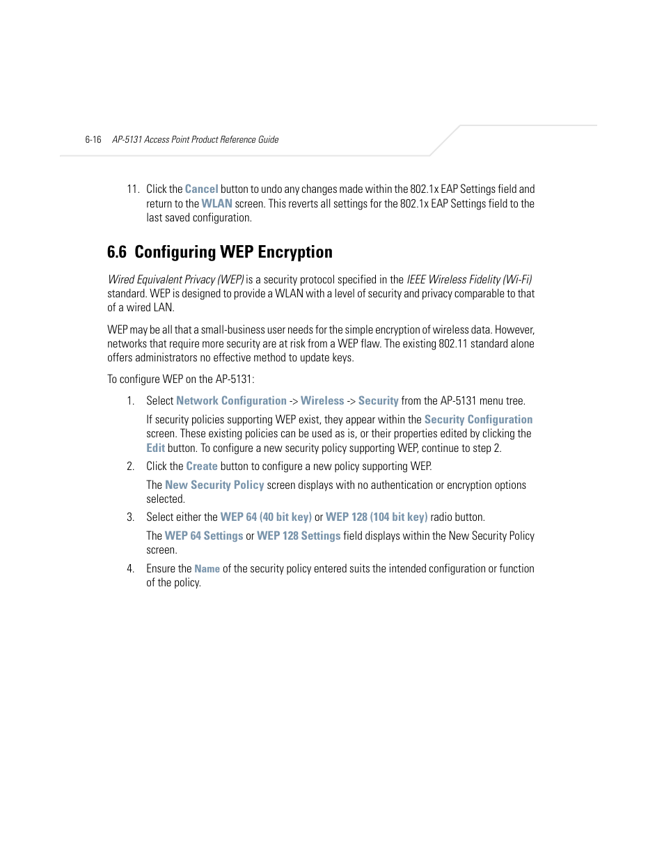 6 configuring wep encryption, Configuring wep encryption -16 | Symbol Technologies AP-5131 User Manual | Page 202 / 578