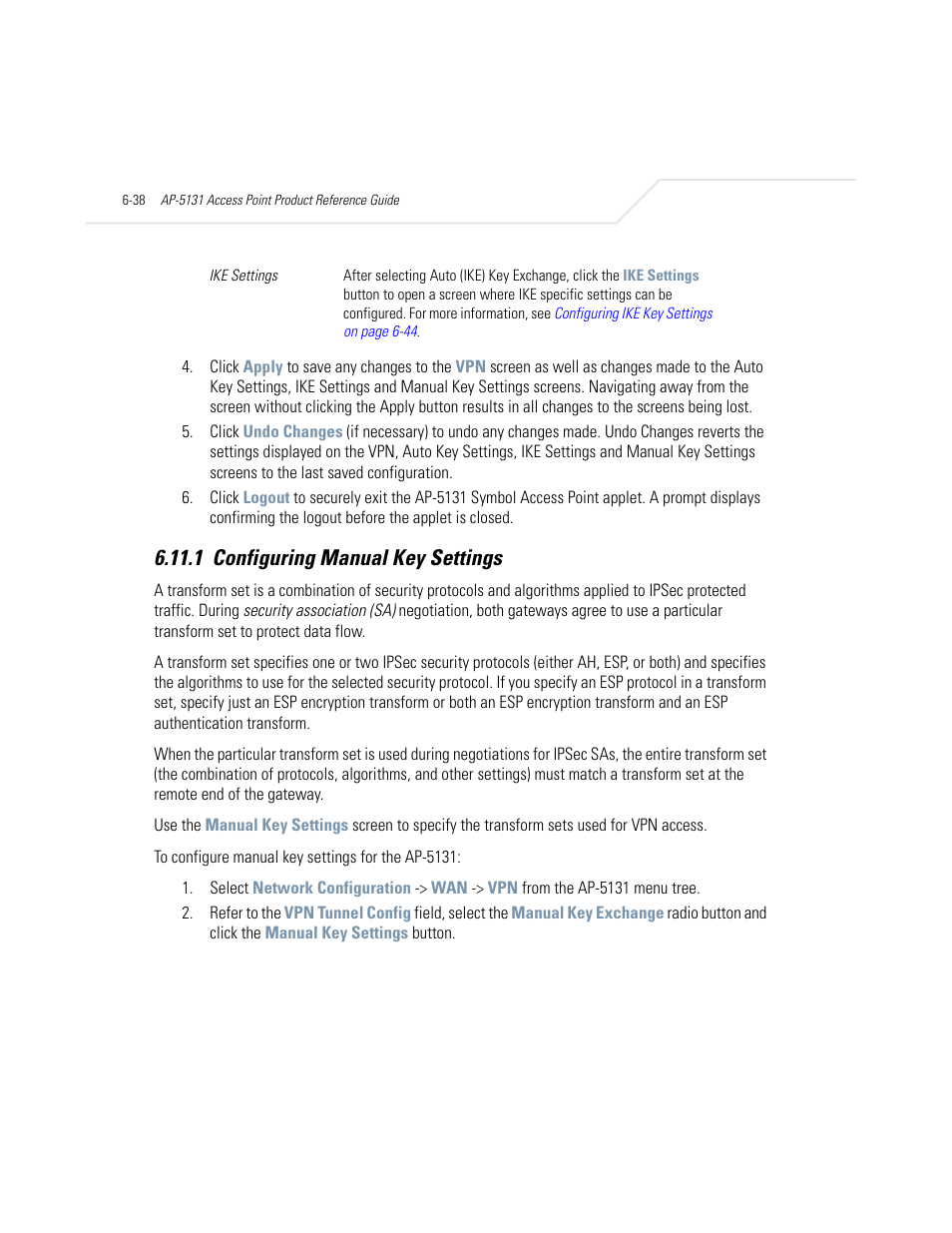 1 configuring manual key settings, Configuring manual key settings -38, Rmation, see | Configuring manual key settings on | Symbol Technologies AP-5131 User Manual | Page 224 / 578