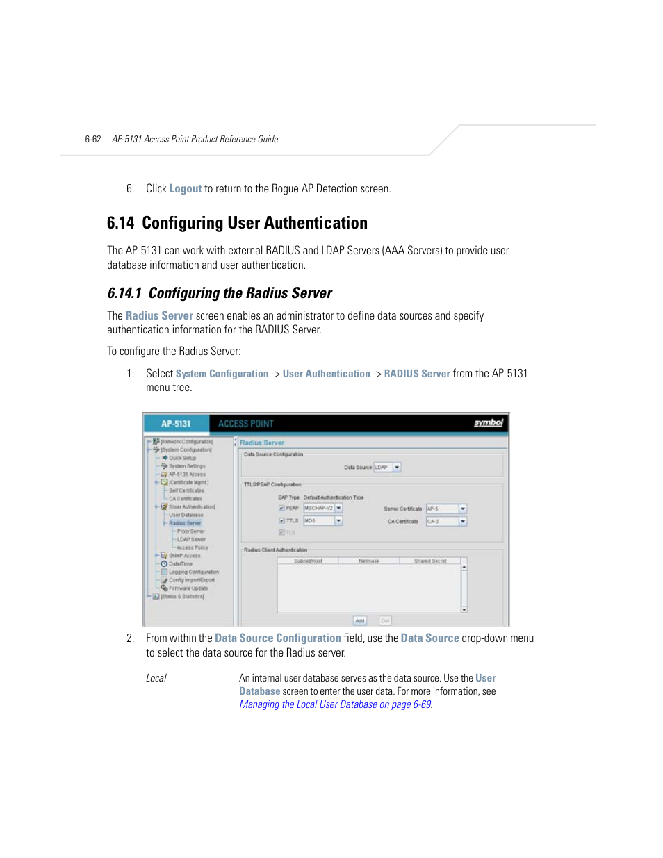 14 configuring user authentication, 1 configuring the radius server, Configuring user authentication -62 | Configuring the radius server -62, Configuring | Symbol Technologies AP-5131 User Manual | Page 248 / 578