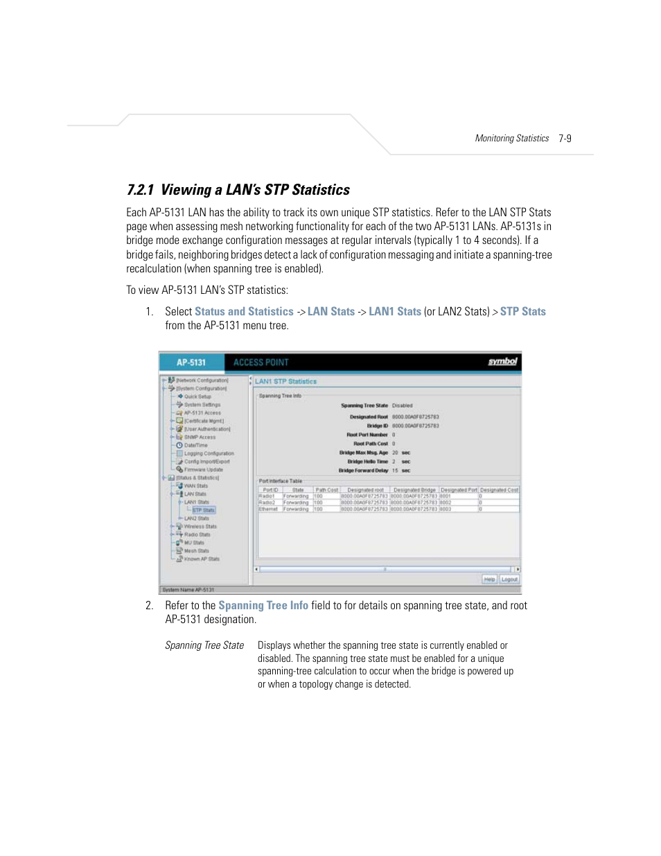 1 viewing a lan’s stp statistics, Viewing a lan’s stp statistics -9 | Symbol Technologies AP-5131 User Manual | Page 269 / 578