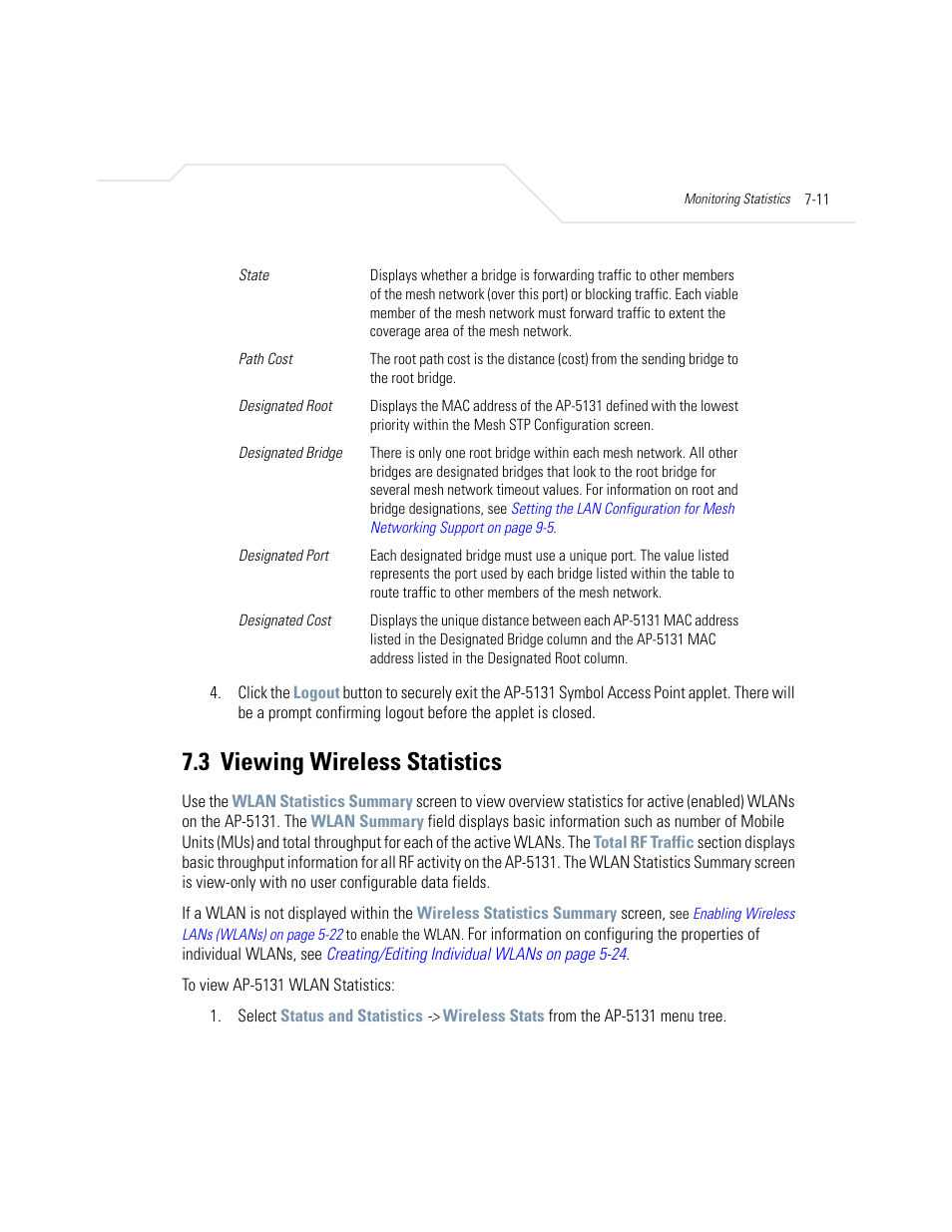 3 viewing wireless statistics, Viewing wireless statistics -11, Viewing wireless statistics | Symbol Technologies AP-5131 User Manual | Page 271 / 578