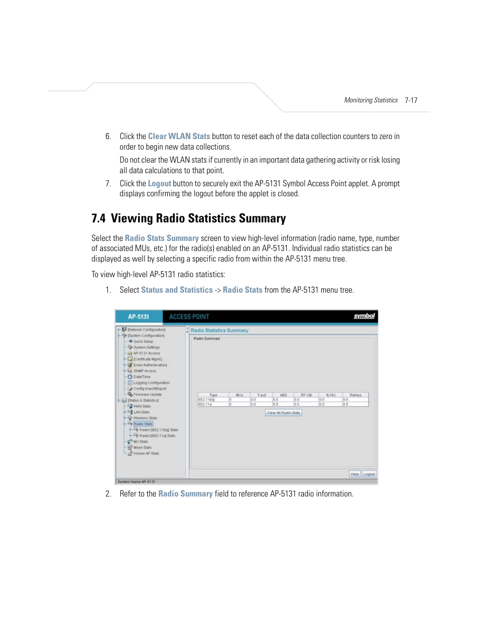 4 viewing radio statistics summary, Viewing radio statistics summary -17, Viewing radio statistics summary | Symbol Technologies AP-5131 User Manual | Page 277 / 578