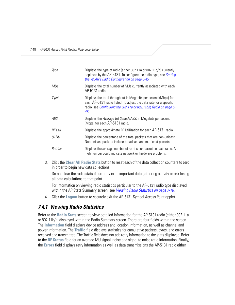 1 viewing radio statistics, Viewing radio statistics -18 | Symbol Technologies AP-5131 User Manual | Page 278 / 578