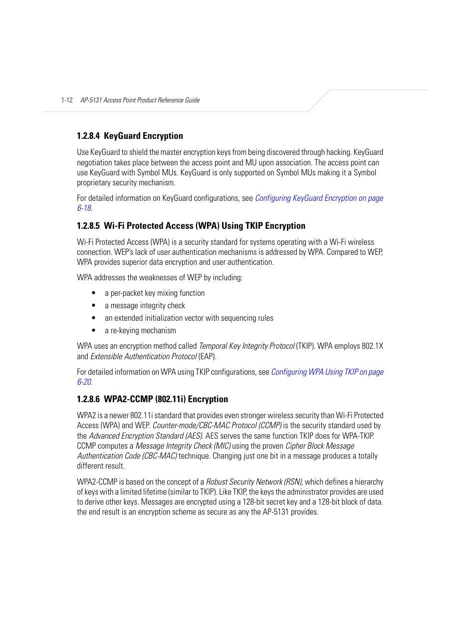 4 keyguard encryption, 6 wpa2-ccmp (802.11i) encryption, Keyguard encryption -12 | Keyguard encryption, Wi-fi protected access (wpa) using tkip encryption, Wpa2-ccmp (802.11i) encryption | Symbol Technologies AP-5131 User Manual | Page 28 / 578
