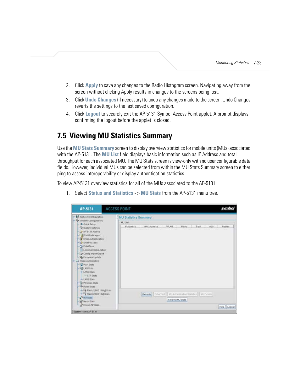 5 viewing mu statistics summary, Viewing mu statistics summary -23, Viewing mu statistics summary | Symbol Technologies AP-5131 User Manual | Page 283 / 578
