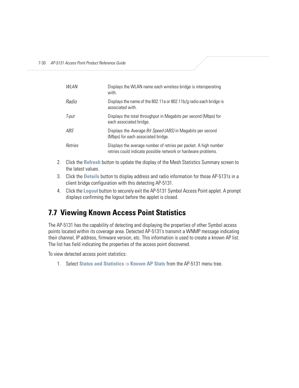 7 viewing known access point statistics, Viewing known access point statistics -30, Viewing known access point statistics | Symbol Technologies AP-5131 User Manual | Page 290 / 578