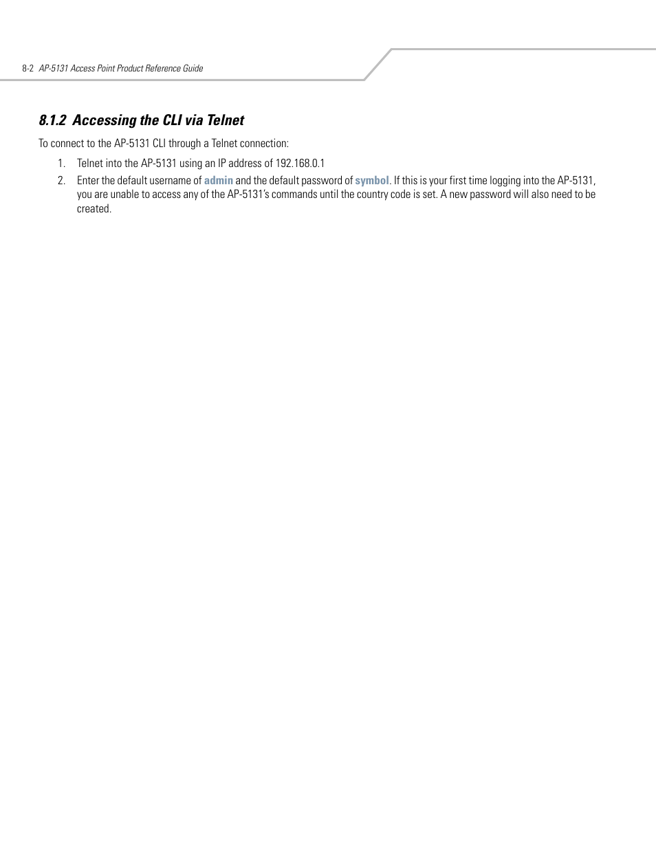 2 accessing the cli via telnet, Accessing the cli via telnet -2 | Symbol Technologies AP-5131 User Manual | Page 296 / 578