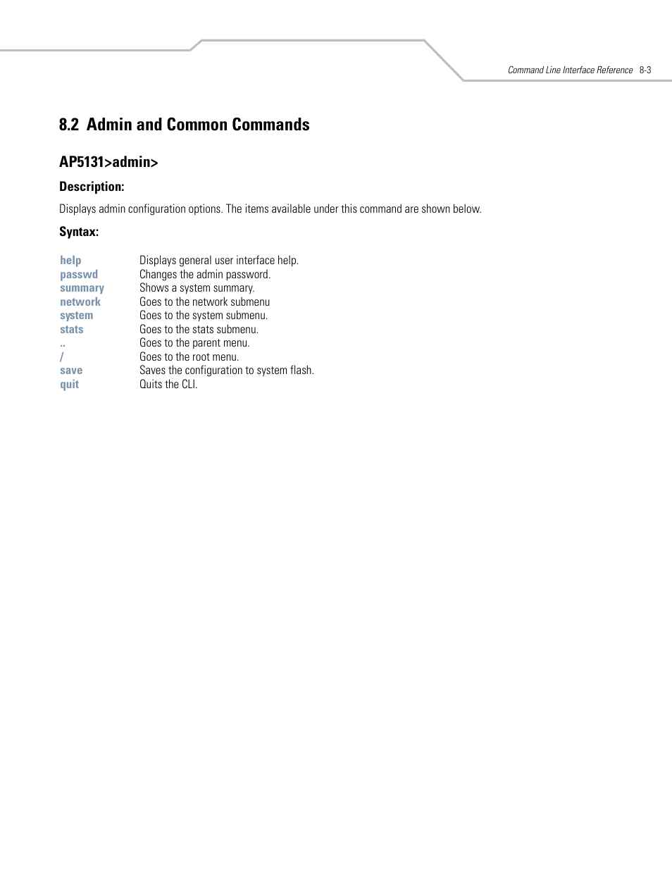 Admin and common commands -3, 2 admin and common commands, Ap5131>admin | Symbol Technologies AP-5131 User Manual | Page 297 / 578