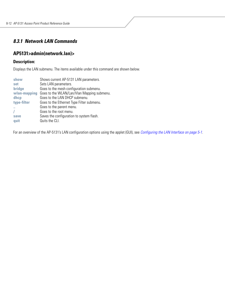 Network lan commands -12 | Symbol Technologies AP-5131 User Manual | Page 306 / 578