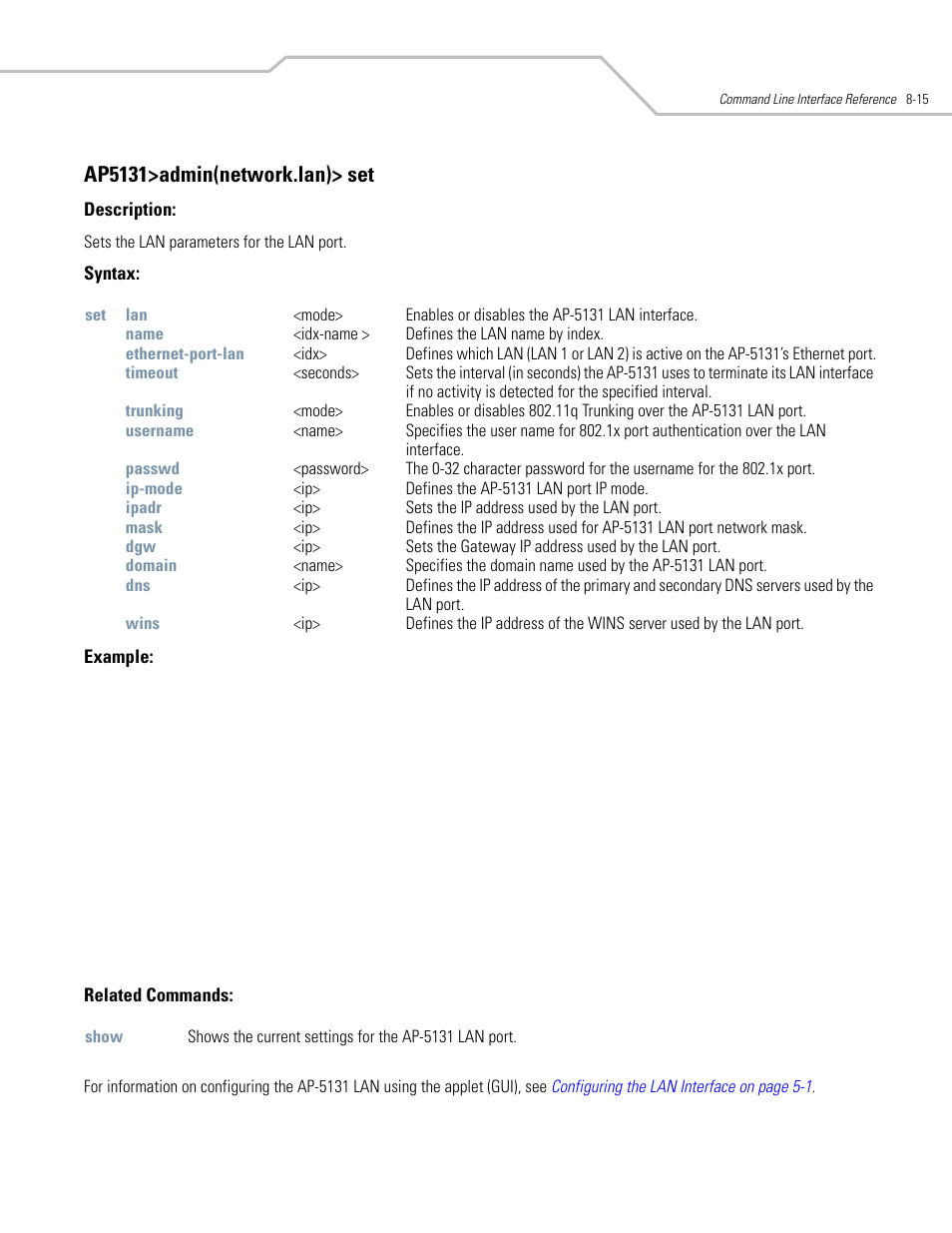 Ap5131>admin(network.lan)> set | Symbol Technologies AP-5131 User Manual | Page 309 / 578