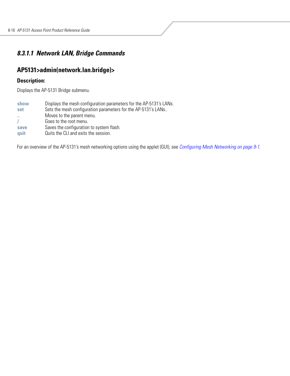 Network lan, bridge commands -16 | Symbol Technologies AP-5131 User Manual | Page 310 / 578